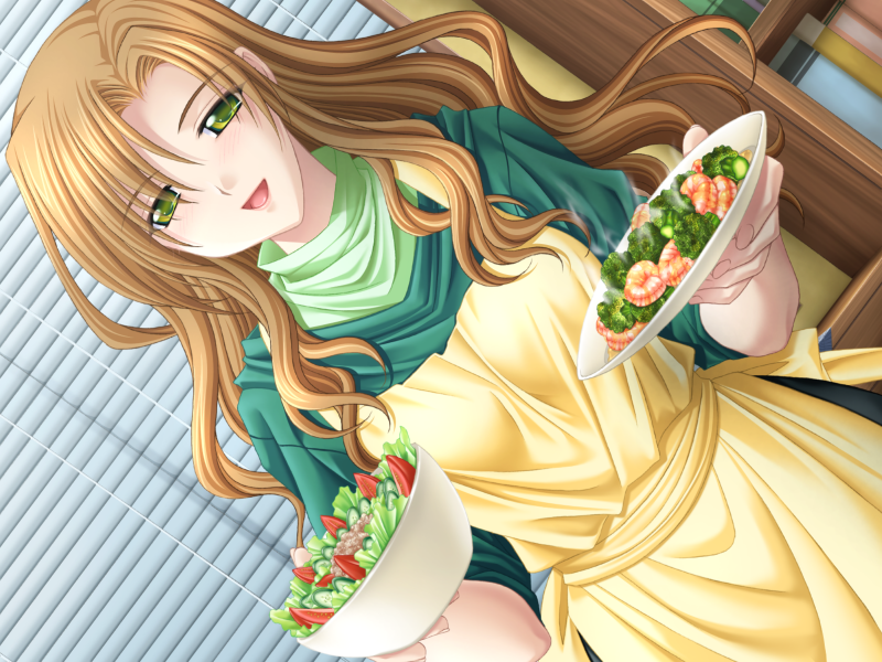 saeki hokuto, biosoldier hakura, youjuu senki a.d. 2048, game cg, 1girl, apron, blonde hair, broccoli, dutch angle, female focus, food, green eyes, salad, shrimp, solo
