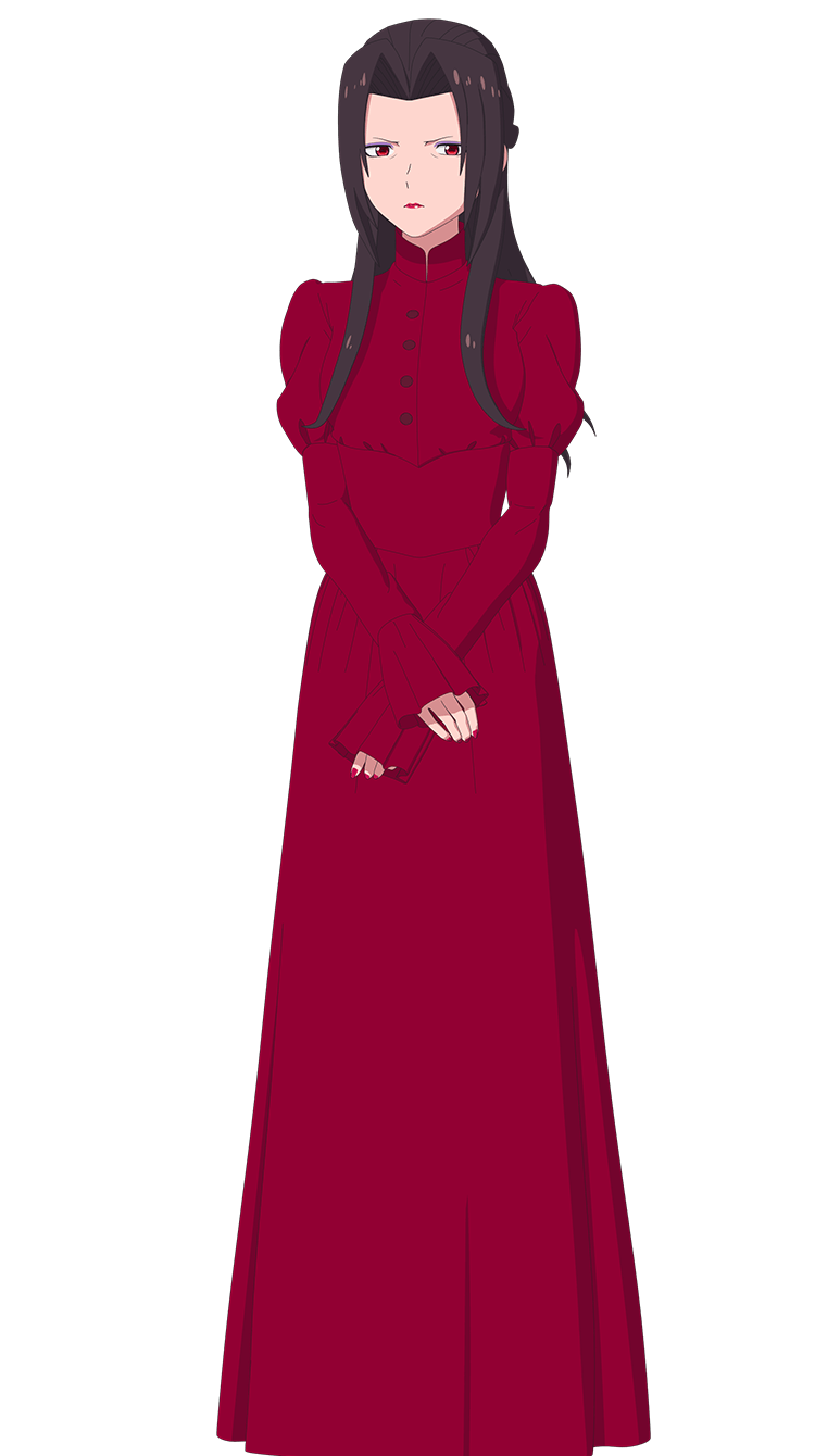 shinigami bocchan to kuro maid, highres, official art, 1girl, anime coloring, brown hair, closed mouth, collared dress, curtained hair, dress, full body, gerbera (shinigami bocchan to kuro maid), juliet sleeves, kuwabata mitsuru, lips, long hair, long sidelocks, long sleeves, looking at viewer, puffy long sleeves, puffy sleeves, red dress, red eyes, sidelocks, simple background, solo, standing, tachi-e, transparent background, v-shaped eyebrows, wide sleeves