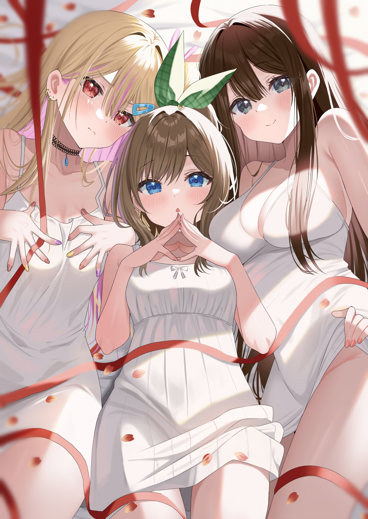 piyopoyo, childhood friend (childhood friend series), hisabisa ni atta osananajimi ga iroiro to seichou shiteirunoni nounai dake seichou shiteinakute douyou shiteiru, highres, 3girls, blonde hair, blue eyes, blurry, breast suppress, breasts, brown hair, camisole, choker, cleavage, closed mouth, depth of field, dress, gal (childhood friend series), grey eyes, hair between eyes, large breasts, long hair, looking at viewer, medium breasts, multiple girls, nail polish, pink hair, red eyes, ribbon, short dress, sidelocks, smile, thigh gap, white dress, younger sister (childhood friend series)