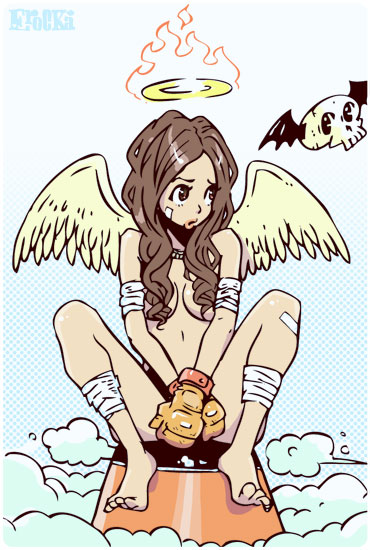 k2r, kita koutarou, original, 1girl, angel, angel wings, bandages, bandaid, boxing gloves, brown eyes, brown hair, censored, convenient censoring, covering crotch, covering privates, feet, female focus, hair censor, hair over breasts, halo, long hair, nude, nude cover, skull, solo, wings, wngs