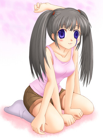 syam i, monoe, monoko, yume nikki, lowres, 1girl, :3, black hair, blue eyes, extra arms, female focus, long hair, raised eyebrows, short shorts, shorts, sitting, socks, solo, tank top, twintails