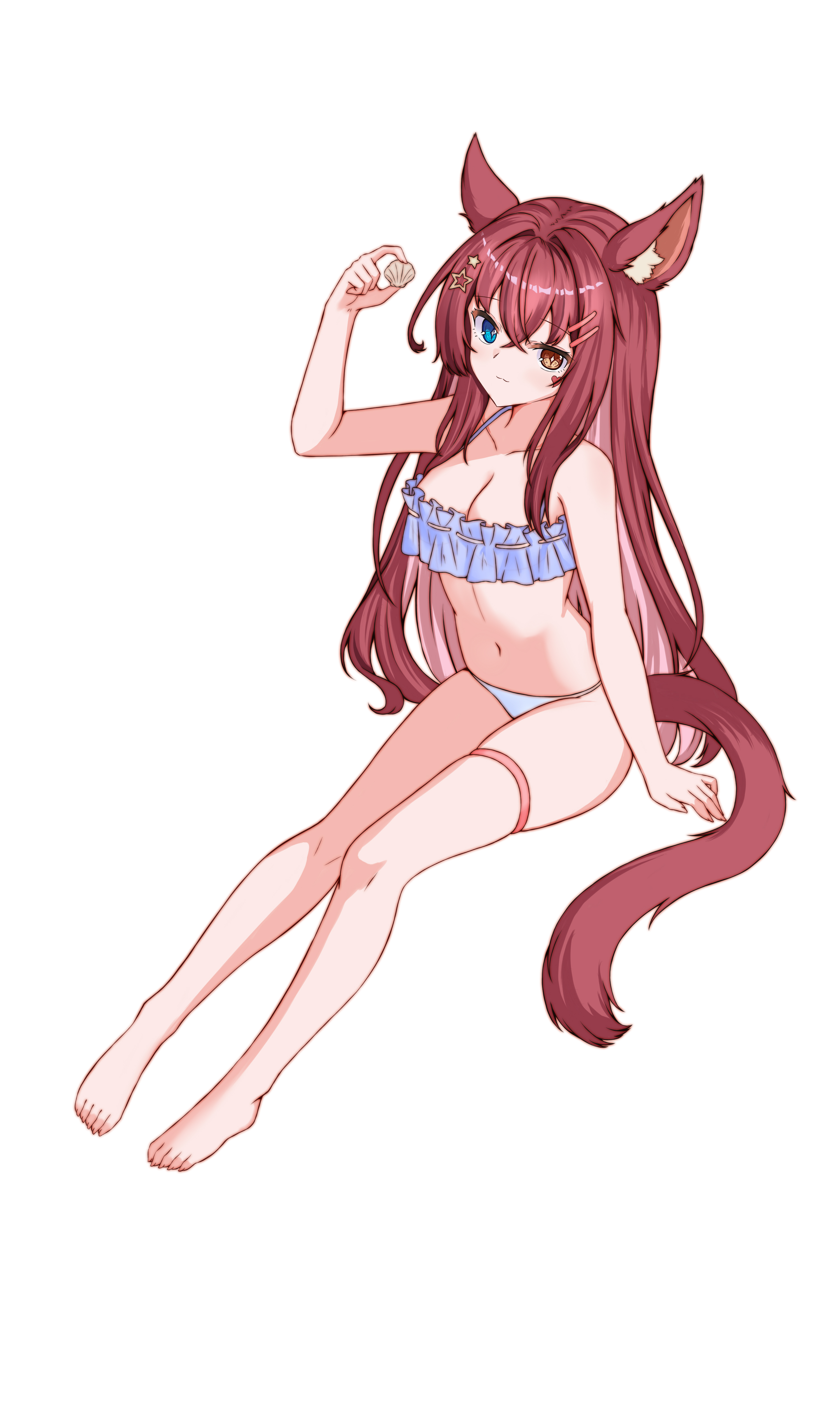 ze zhi ai, original, absurdres, highres, 1girl, animal ears, barefoot, bikini, blue bikini, blue eyes, breasts, brown eyes, brown hair, cat ears, cat girl, cat tail, full body, hair ornament, hairclip, heterochromia, holding, holding shell, large breasts, long hair, looking at viewer, mismatched bikini, navel, red hair, shell, simple background, sitting, star (symbol), star hair ornament, stomach, swimsuit, tail, thigh strap, white background, white bikini
