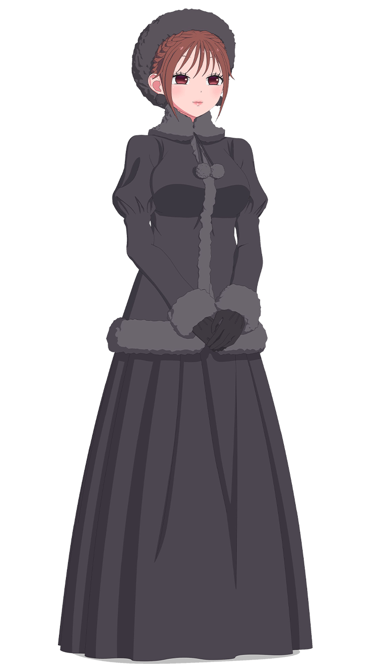 shinigami bocchan to kuro maid, highres, official art, 1girl, anime coloring, blush, braid, breasts, brown eyes, brown hair, cape, crown braid, full body, fur-trimmed cape, fur-trimmed headwear, fur-trimmed jacket, fur trim, grey cape, grey hat, grey jacket, grey skirt, hat, jacket, juliet sleeves, kuwabata mitsuru, large breasts, lips, liz (shinigami bocchan to kuro maid), long skirt, long sleeves, looking at viewer, puffy long sleeves, puffy sleeves, short hair, simple background, skirt, solo, standing, tachi-e, transparent background
