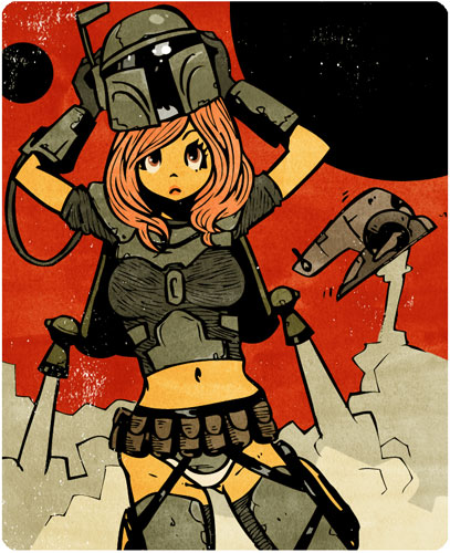 k2r, kita koutarou, boba fett, star wars, lowres, 1girl, boba fett (cosplay), brown hair, cosplay, female focus, helmet, jetpack, long hair, midriff, panties, pink hair, science fiction, solo, spacecraft, underwear