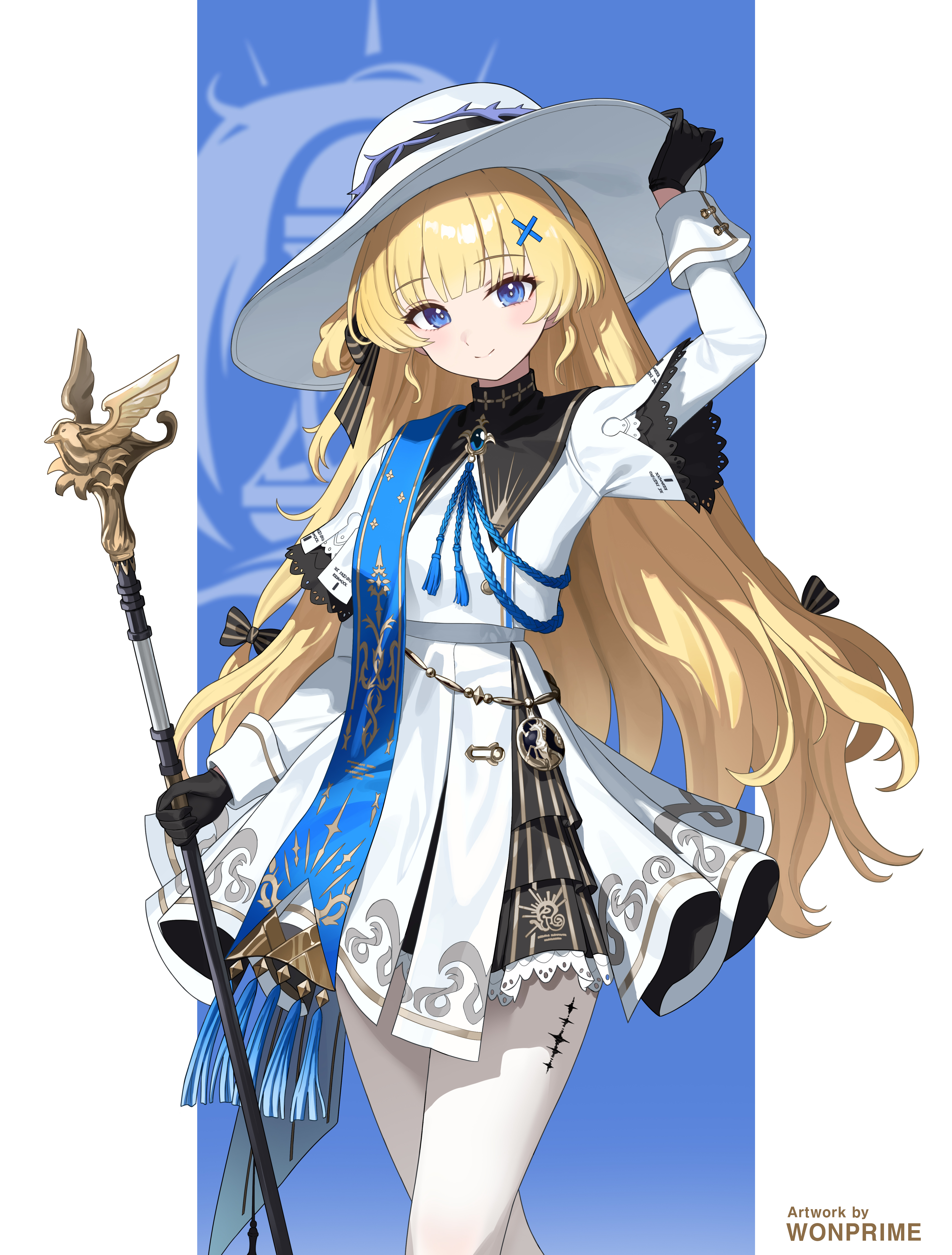 wonprime, phoebe (wuthering waves), wuthering waves, absurdres, commentary request, highres, korean commentary, 1girl, arm up, artist name, black bow, black collar, black gloves, blonde hair, blue background, blue eyes, blue sash, blush, border, bow, breasts, closed mouth, collar, gloves, hair bow, hair ornament, hand on own hat, hat, high-waist skirt, holding, holding staff, long hair, long sleeves, looking at viewer, medium breasts, pantyhose, pillarboxed, sash, shirt, skirt, smile, solo, staff, striped bow, very long hair, white border, white hat, white pantyhose, white shirt, white skirt, x hair ornament
