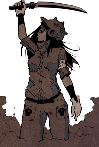 k2r, kita koutarou, original, lowres, 1girl, arm up, bandages, breasts, female focus, glasses, gloves, helmet, holding, holding weapon, jacket, katana, long hair, pants, short sleeves, simple background, solo, sunglasses, sword, weapon, white background