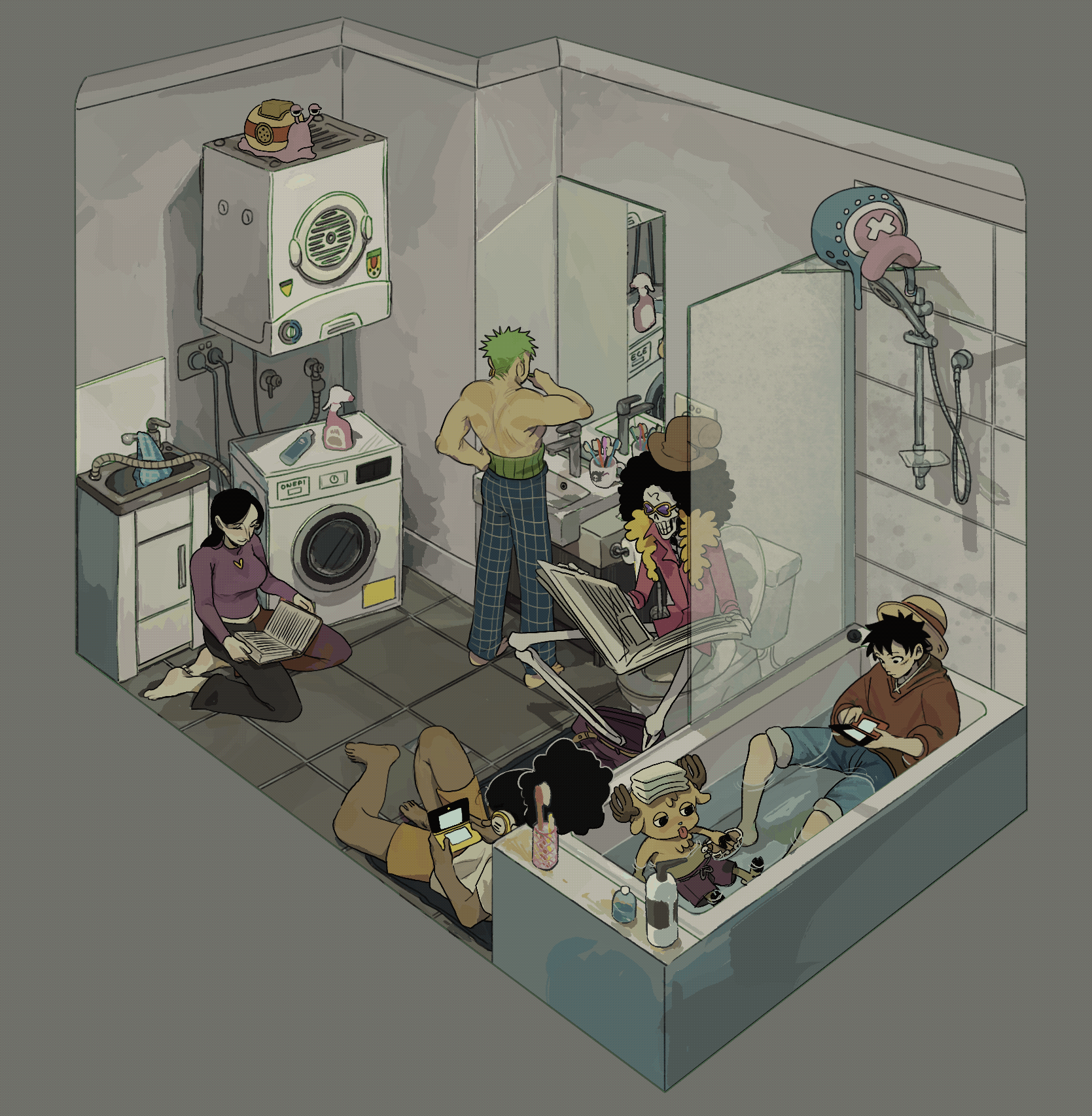 brook (one piece), den den mushi, monkey d. luffy, nico robin, roronoa zoro, tony tony chopper, usopp, one piece, animated, animated gif, commentary, english commentary, highres, looping animation, 1girl, 5boys, afro, alternate costume, bathroom, bathtub, black hair, blue pants, breasts, brushing teeth, casual, dark-skinned male, dark skin, fluffyartbl0g, green hair, handheld game console, hat, isometric, multiple boys, newspaper, nintendo ds, pants, partially submerged, playing games, reading, reclining, shower head, sink, sitting, straw hat, sweater, toilet, toy ship, washing machine, yokozuwari