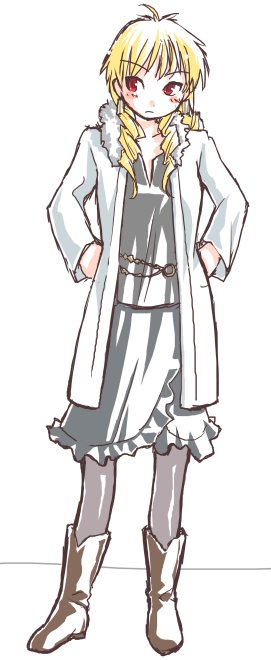 mozu (piyo), gilgamesh-ko, gilgamesh (casual wear) (fate/stay night), gilgamesh (fate), fate/stay night, fate (series), 00s, 1girl, adapted costume, blonde hair, blush, boots, drill hair, earrings, female focus, genderswap, genderswap (mtf), hands in pockets, hands on own hips, jewelry, official alternate costume, pantyhose, red eyes, solo, thighhighs