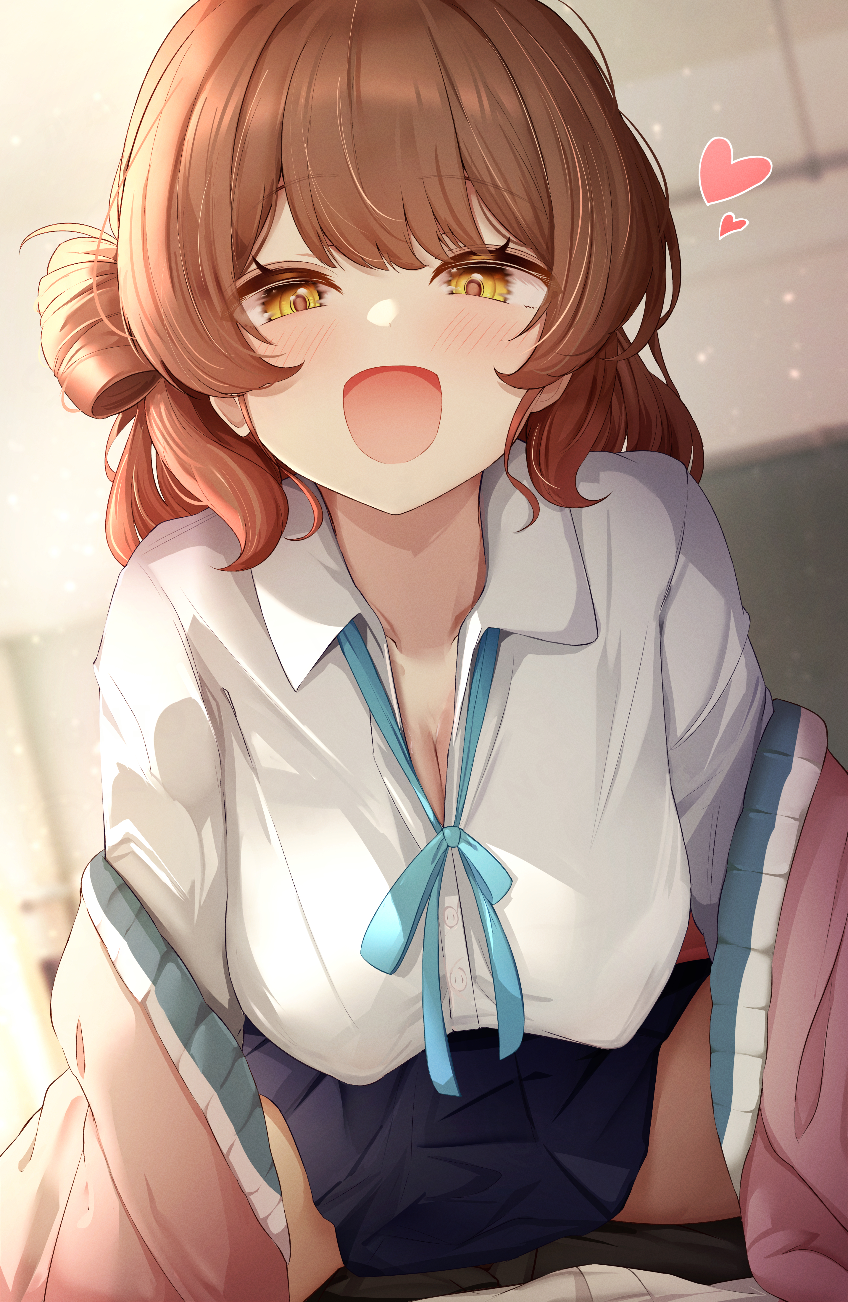 sky cappuccino, hanami ume, gakuen idolmaster, idolmaster, absurdres, commentary request, highres, 1boy, 1girl, blue skirt, breasts, brown hair, cleavage, hair bun, hair rings, heart, large breasts, miniskirt, shirt, single hair ring, skirt, white shirt, yellow eyes