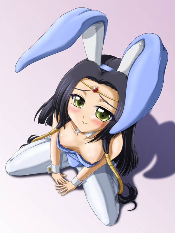 tanan, sumeragi kaguya, code geass, 00s, 1girl, animal ears, blush, breasts, fake animal ears, female focus, flat chest, kneeling, leotard, nipples, pantyhose, playboy bunny, rabbit ears, sitting, solo, spread legs