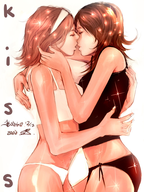 kazeco, original, bad id, bad pixiv id, derivative work, 2girls, brown hair, camisole, closed eyes, couple, hairband, hug, imminent kiss, kiss, multiple girls, panties, side-tie panties, sparkle, underwear, yuri