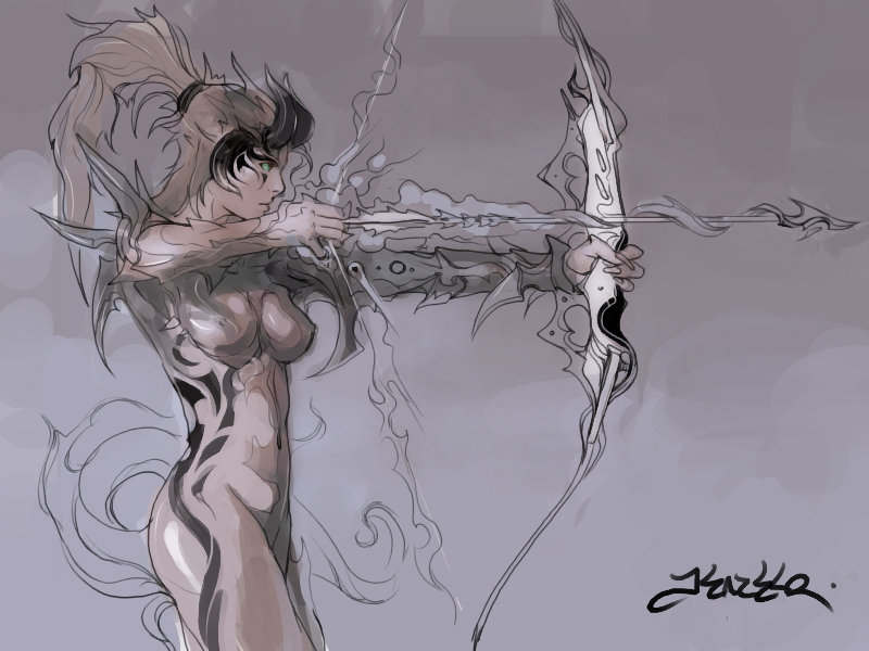 kazeco, original, bad id, bad pixiv id, 1girl, bow (weapon), female focus, horns, long hair, monster girl, nipples, nude, ponytail, solo, tattoo, weapon