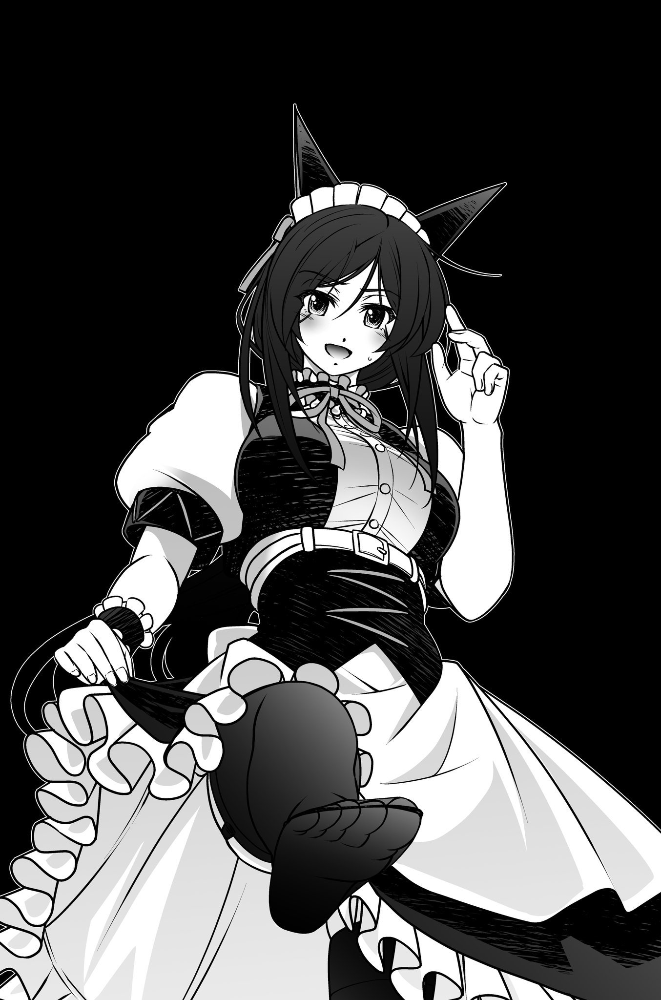 eibon, kunosato mio, chaos;child, science adventure, highres, 1girl, :d, alternate costume, animal ears, apron, black background, black pantyhose, blush, bow, breasts, cat ears, dress, enmaided, fake animal ears, feet, frilled apron, frilled dress, frills, from below, greyscale, hair between eyes, long hair, long sleeves, looking at viewer, maid, maid apron, maid headdress, mayqueen maid uniform, medium breasts, monochrome, open mouth, pantyhose, puffy short sleeves, puffy sleeves, short sleeves, simple background, smile, soles, solo, standing, tail, toes, waist apron, wrist cuffs