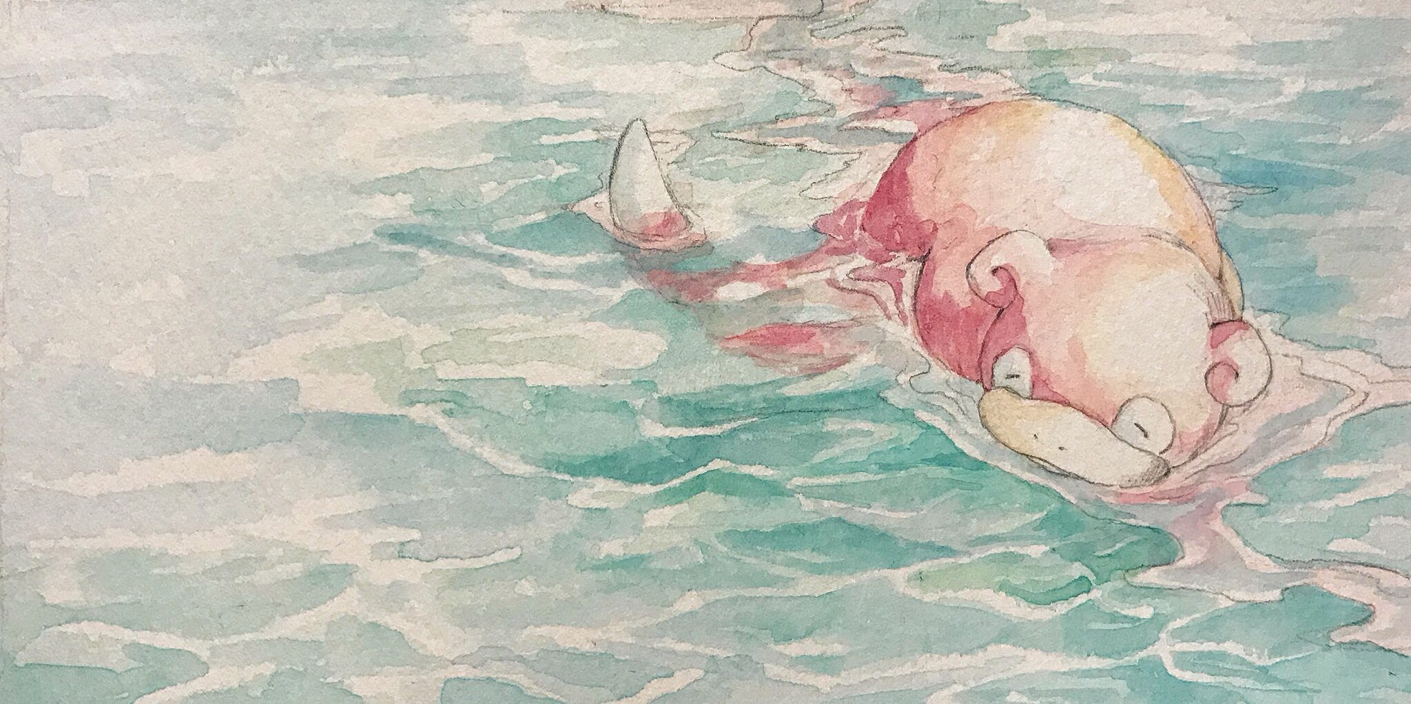 mint nappa, slowpoke, nintendo, pokemon, commentary request, highres, painting (medium), traditional media, watercolor (medium), animal focus, caustics, closed eyes, closed mouth, full body, gen 1 pokemon, no humans, nostrils, outdoors, pokemon (creature), solo, water