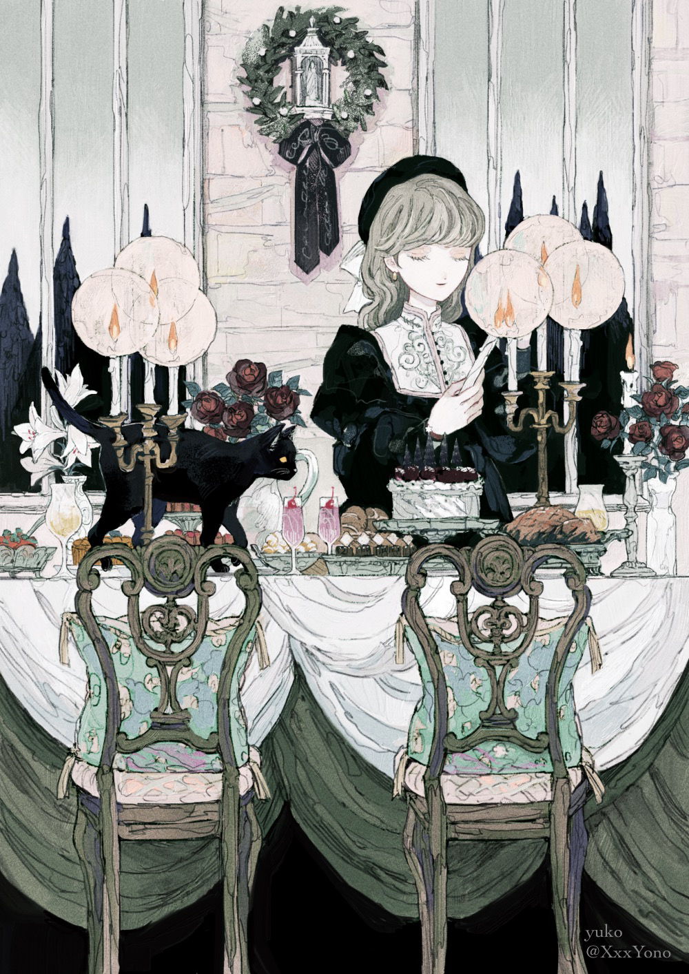 yuko (foret noire), original, white lily, commentary request, highres, 1girl, animal, artist name, banquet, black cat, black dress, black hat, brown hair, cake, candelabra, candle, candlestand, cat, chair, closed eyes, closed mouth, collar, collared dress, dining room, dress, earrings, eyelashes, flower, food, glass, hand up, hat, holding, holding candle, indoors, jewelry, long hair, long sleeves, red flower, red rose, rose, solo, table, tablecloth, vase, white collar, wreath
