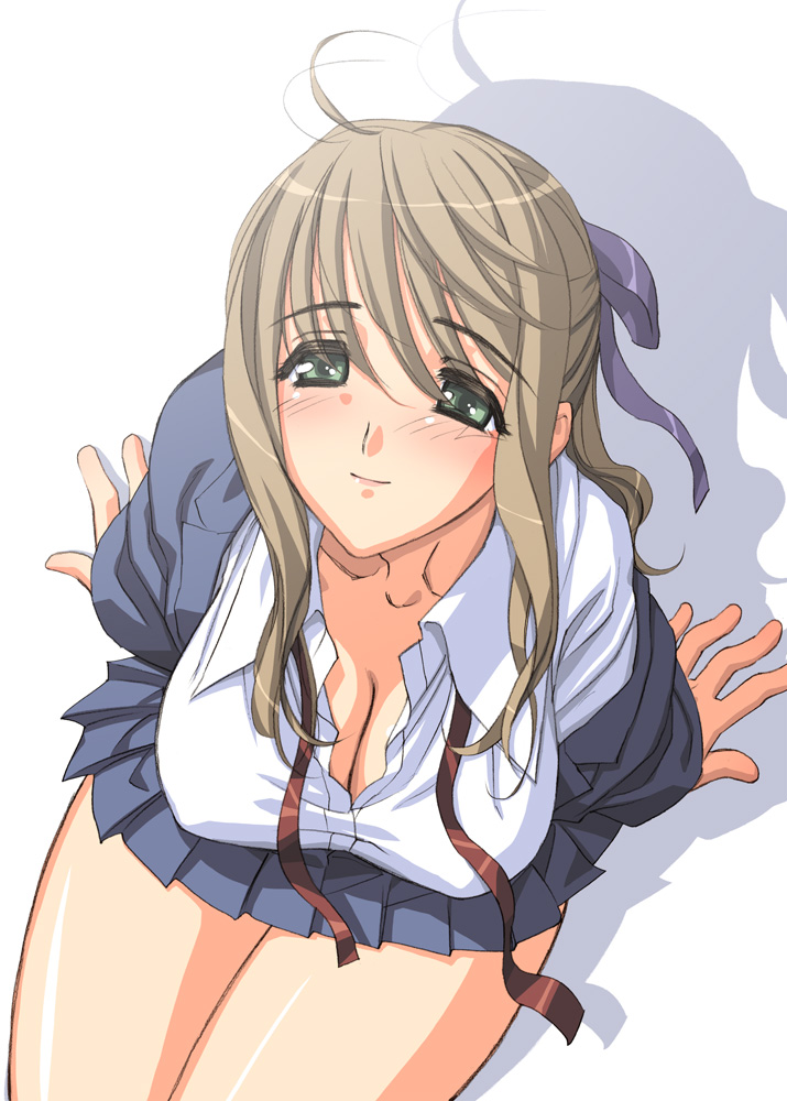 magaki ryouta, original, blush, breasts, cleavage, green eyes, large breasts, school uniform, serafuku, solo