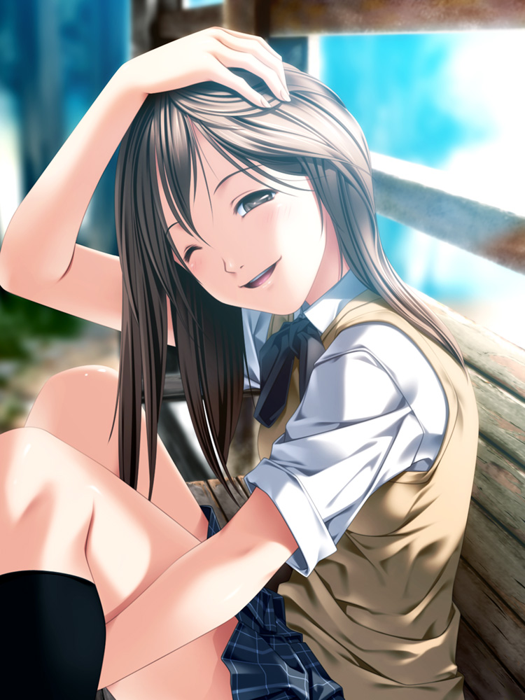 rezi, original, black legwear, 1girl, arm up, bench, black bow, black bowtie, blurry, blurry background, blush, bow, bowtie, brown eyes, brown hair, collared shirt, depth of field, female focus, fingernails, from side, hair between eyes, hand on own head, indoors, knees up, looking at viewer, one eye closed, open mouth, plaid clothes, plaid skirt, round teeth, school uniform, serafuku, shiny skin, shirt, short sleeves, sitting, skirt, sleeves rolled up, smile, solo, teeth, white shirt, wink