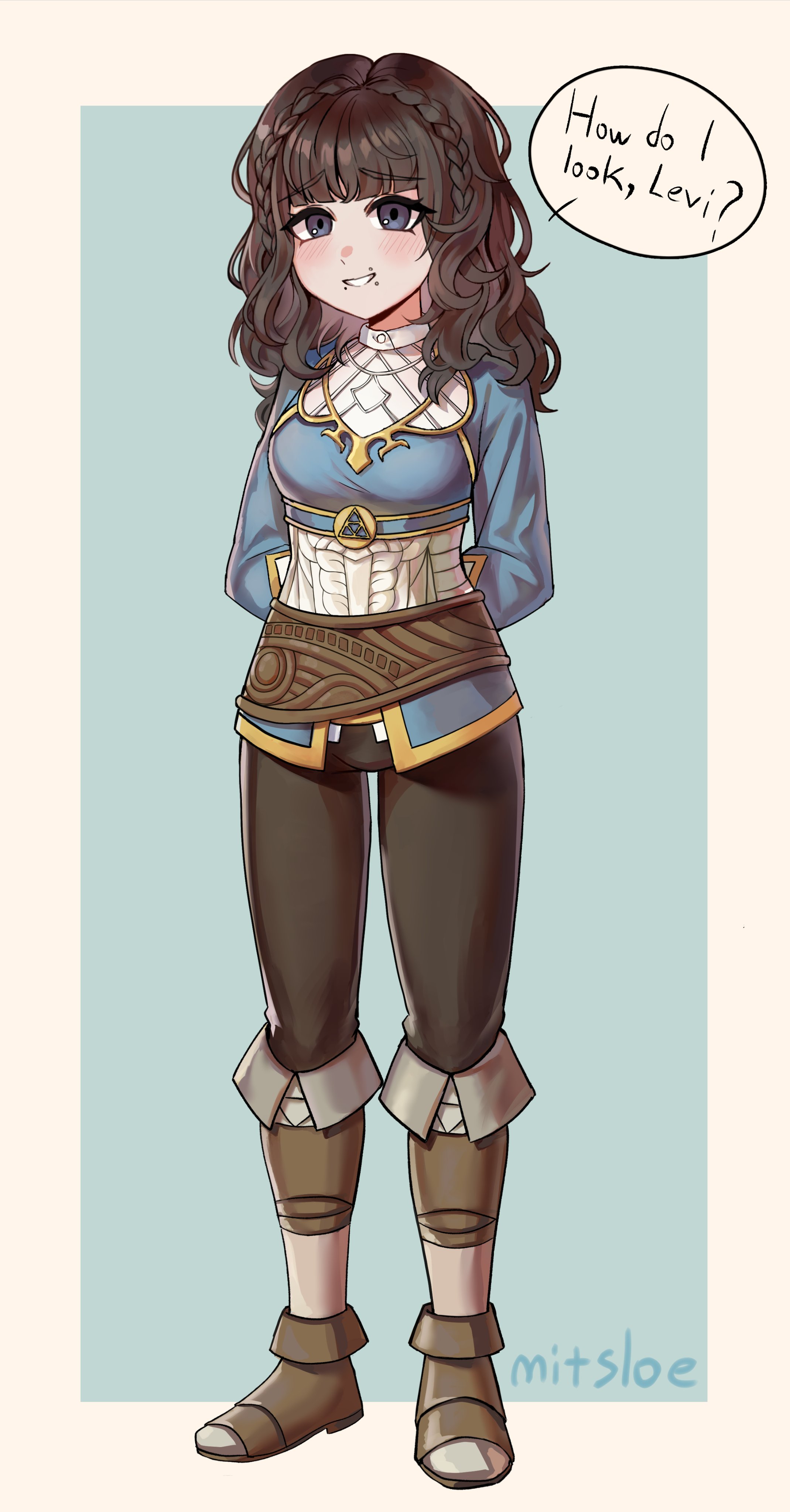 sakimitsloe, marina (fear & hunger), princess zelda, fear & hunger (series), fear & hunger 2: termina, nintendo, the legend of zelda, the legend of zelda: breath of the wild, absurdres, commentary, english commentary, highres, 1girl, aqua background, arms behind back, artist name, black pants, blue shirt, boots, border, borrowed hairstyle, braid, breasts, brown boots, brown hair, cosplay, crown braid, english text, fold-over boots, full body, gold trim, grin, knee boots, long hair, looking at viewer, outside border, pants, princess zelda (cosplay), purple eyes, shirt, small breasts, smile, solo, standing, white border