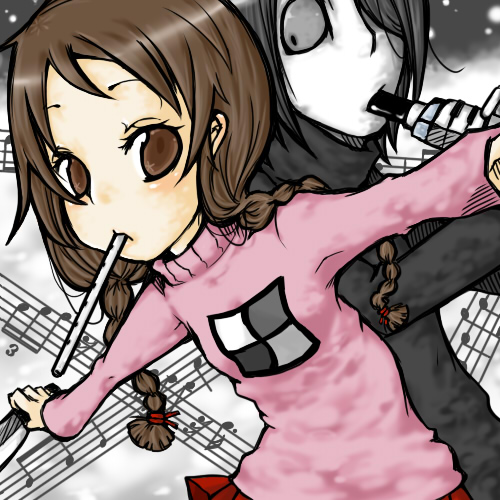 madotsuki, sekomumasada sensei, yume nikki, artist request, lowres, 1boy, 1girl, braid, instrument, knife, messy hair, music, pink shirt, shirt, twin braids