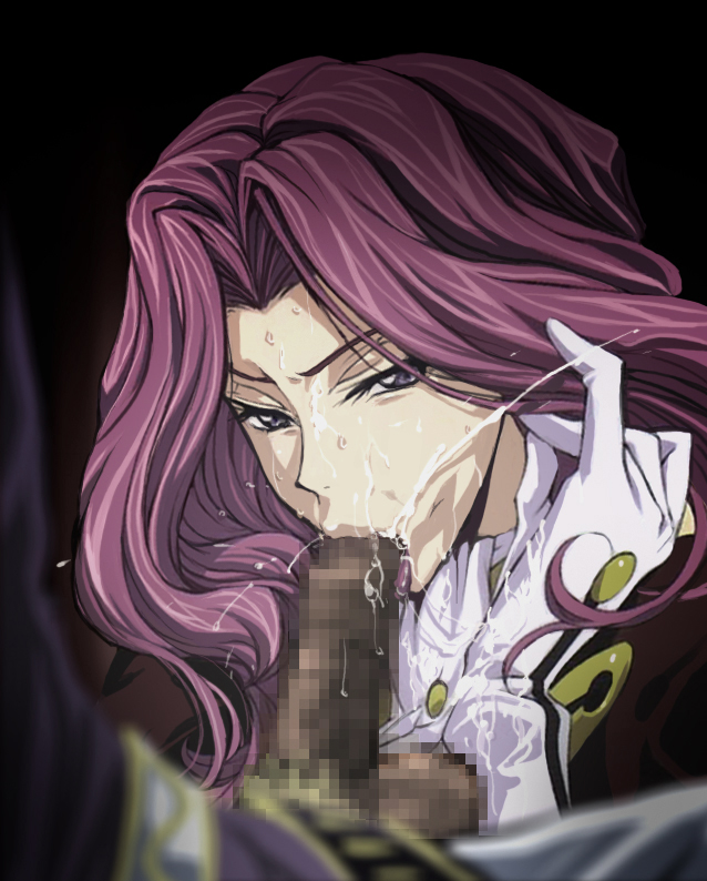 warainaku, cornelia li britannia, schneizel el britannia, code geass, hyottokoaki, 00s, 1boy, 1girl, :>=, adjusting hair, censored, cum, cum in mouth, ejaculation, fellatio, gloves, hetero, incest, oral, penis, pov, purple hair, sweat
