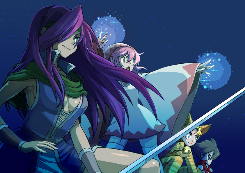 kimimaru, kuroboshi kouhaku, bartz klauser, faris scherwiz, krile mayer baldesion (ff5), lenna charlotte tycoon, white mage (final fantasy), final fantasy, final fantasy v, gender request, 1990s (style), androgynous, blonde hair, blue eyes, breasts, cleavage, green eyes, green hair, hood, magic, night, pink hair, purple hair, retro artstyle, reverse trap, smile, sword, thighhighs, weapon, whitemage