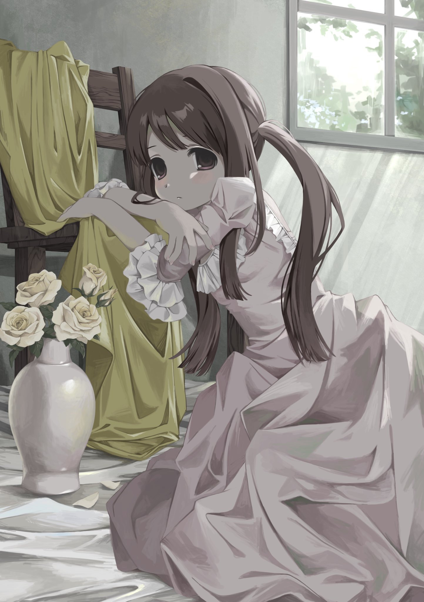 nekotan (necotqn), original, highres, 1girl, brown eyes, brown hair, chair, closed mouth, dress, expressionless, flower, frilled sleeves, frills, indoors, jar, juliet sleeves, leaning, long dress, long hair, long sleeves, looking at viewer, pink dress, plant, potted plant, puffy sleeves, rose, solo, three-quarter sleeves, twintails, white flower, white rose, window