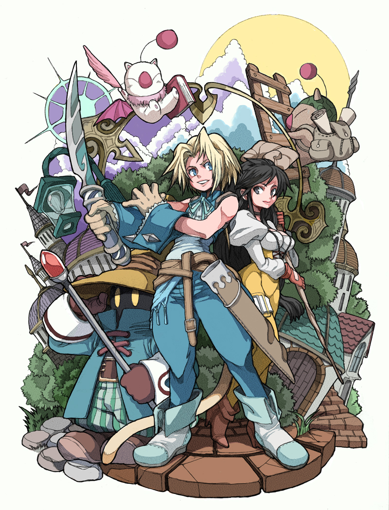kimimaru, garnet til alexandros xvii, moogle, vivi ornitier, vivi orunitia, zidane tribal, final fantasy, final fantasy ix, bad id, bad pixiv id, 00s, 1boy, 1girl, ankle boots, arm guards, armor, bare shoulders, belt, black hair, blonde hair, blush, boots, buckle, creature, fantasy, faux figurine, hat, hidden face, looking at viewer, muscular, short hair, simple background, standing, white background, witch hat, yellow eyes