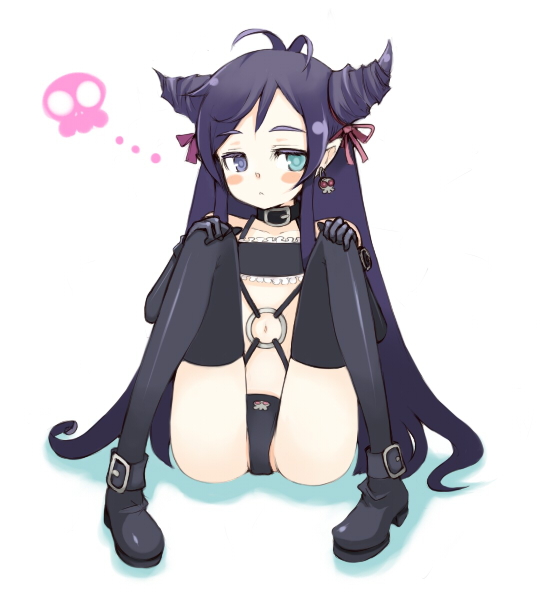 oza watto, 1girl, collar, elbow gloves, female focus, flat chest, full body, gloves, heterochromia, long hair, midriff, panties, purple hair, sitting, solo, spread legs, thighhighs, underwear, white background