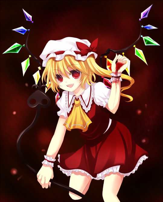 takase kanan, flandre scarlet, touhou, bad id, bad pixiv id, 1girl, black background, blonde hair, blouse, collared shirt, female focus, gradient background, hat, mob cap, red background, red eyes, shirt, solo, standing, white hat, white shirt, white wrist cuffs, wings, wrist cuffs