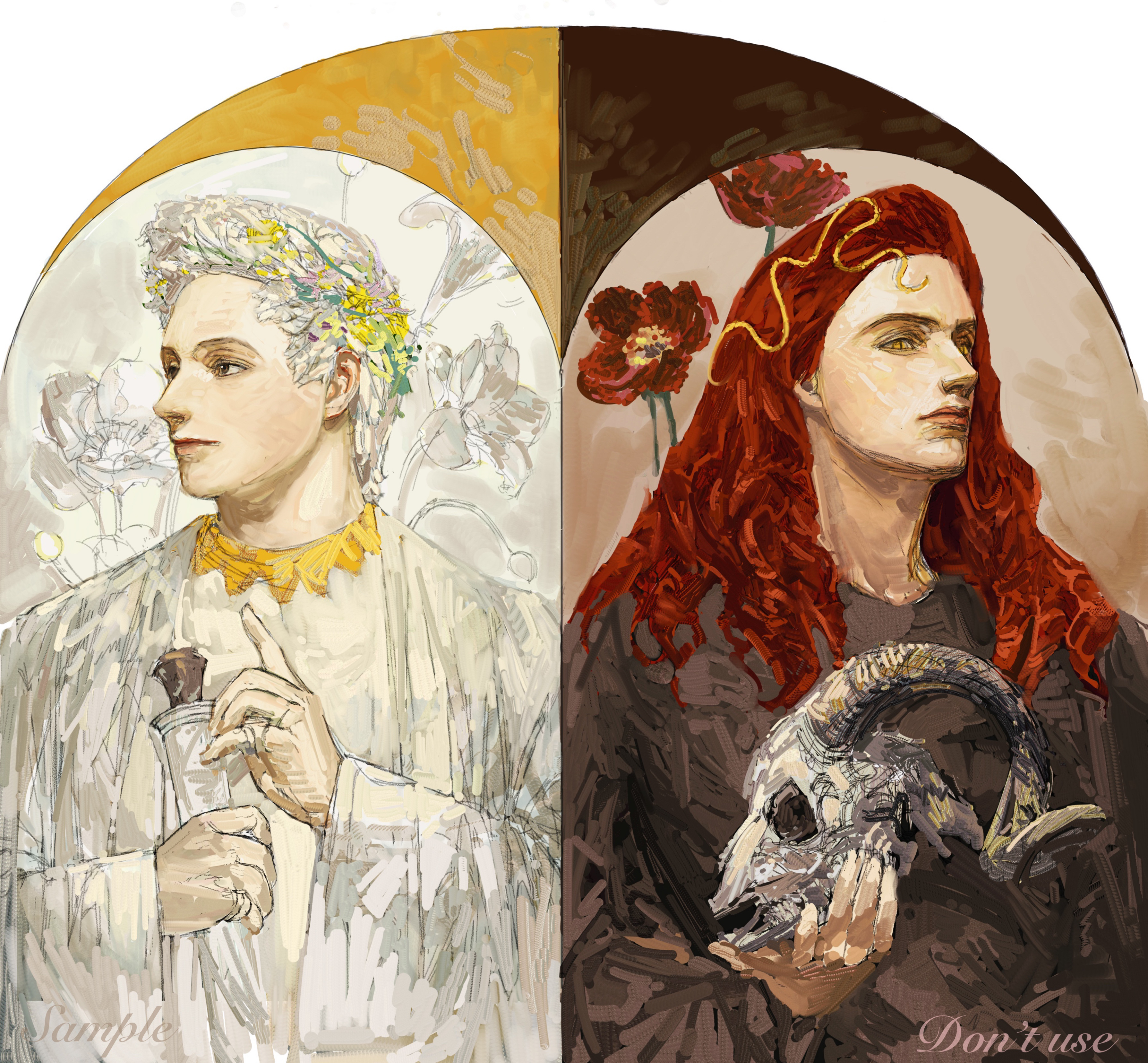 aziraphale (good omens), crowley (good omens), good omens, absurdres, highres, 2boys, angel, black robe, blue eyes, bushisetushimaomao, demon boy, male focus, multiple boys, red hair, robe, white hair, yellow eyes