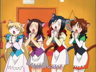 ufo princess valkyrie, animated, animated gif, anime screenshot, lowres, > <, 00s, 4girls, aiko (ufo princess valkyrie), animal ears, apron, black hair, blue hair, blush stickers, brown hair, cat ears, cat tail, closed eyes, corset, eiko (ufo princess valkyrie), keiko (ufo princess valkyrie), lineup, long hair, maid, maid apron, multiple girls, open mouth, pantyhose, qvga, ribbon, short hair, standing, subtitled, tail, very long hair, waist apron, waitress, white pantyhose, yuko (ufo princess valkyrie)