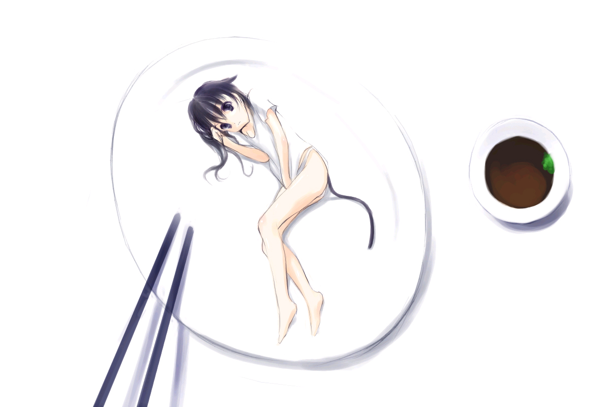 barefoot, black hair, chopsticks, mamezara, mini person, minigirl, on plate, plate, solo, soy sauce, tail