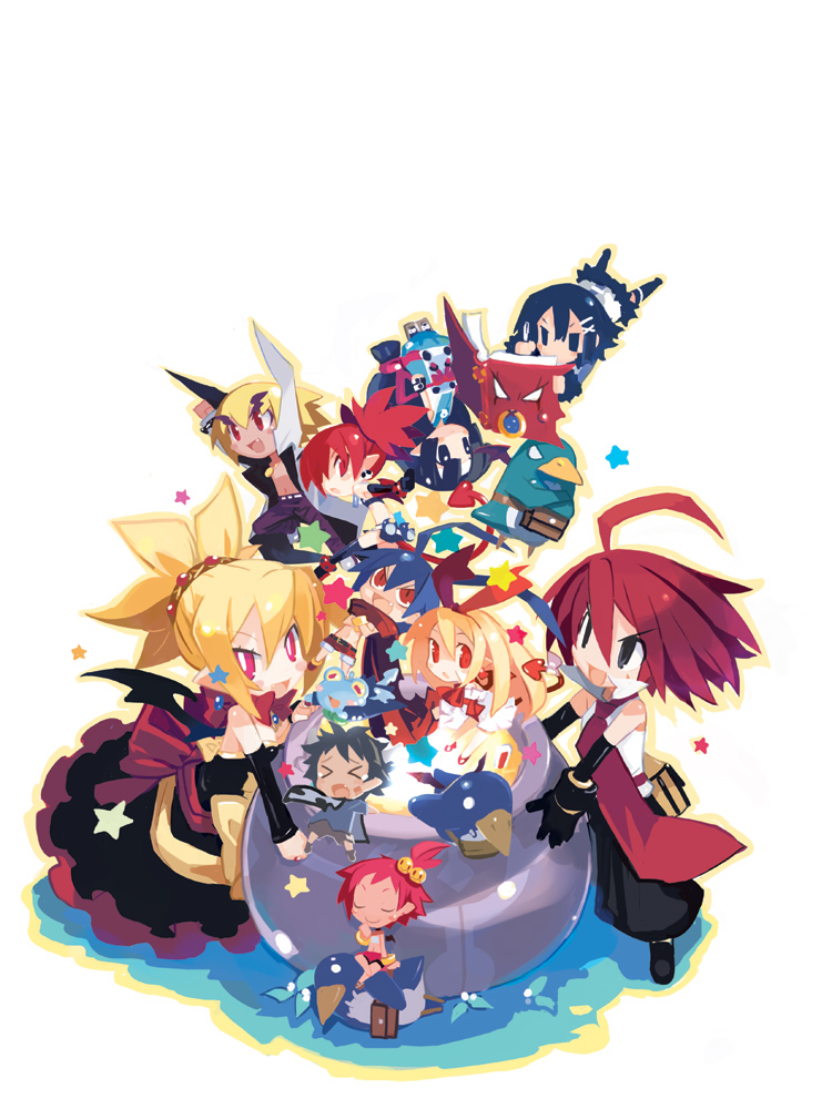 harada takehito, adell (disgaea), akutare (disgaea), asagiri asagi, axel (disgaea), etna (disgaea), flonne, flonne (fallen angel), hanako (disgaea), kurtis (disgaea), laharl, prinny, rozalin, taro (disgaea), tink, tink (disgaea), yukimaru, zetta (phantom kingdom), disgaea, makai senki disgaea 2, nippon ichi, phantom kingdom, 4boys, 6+girls, black pants, blonde hair, bow, chibi, everyone, multiple boys, multiple girls, pants, tail, tail bow, tail ornament, yellow bow