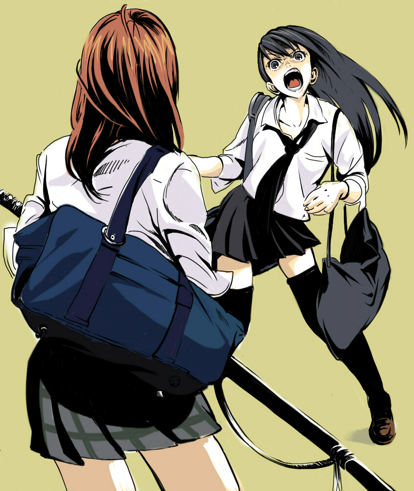 magomago, bad id, bad pixiv id, 2girls, black eyes, black hair, brown hair, jewelry, multiple girls, necklace, school uniform, serafuku, sword, thighhighs, weapon