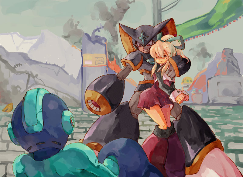 milcoco, bass (mega man), mega man (character), met (mega man), roll (mega man), capcom, mega man (classic), mega man (series), 1girl, 2boys, blonde hair, boots, dress, hair ribbon, knee boots, multiple boys, ponytail, red eyes, red skirt, ribbon, robot, skirt, wince