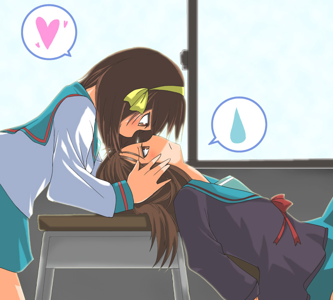 hane (hanegoya), kyonko, suzumiya haruhi, suzumiya haruhi no yuuutsu, 00s, 2girls, brown eyes, brown hair, cardigan, eye contact, genderswap, genderswap (mtf), heart, long sleeves, looking at another, multiple girls, ponytail, ribbon, school uniform, serafuku, spoken heart, spoken sweatdrop, sweatdrop, yuri
