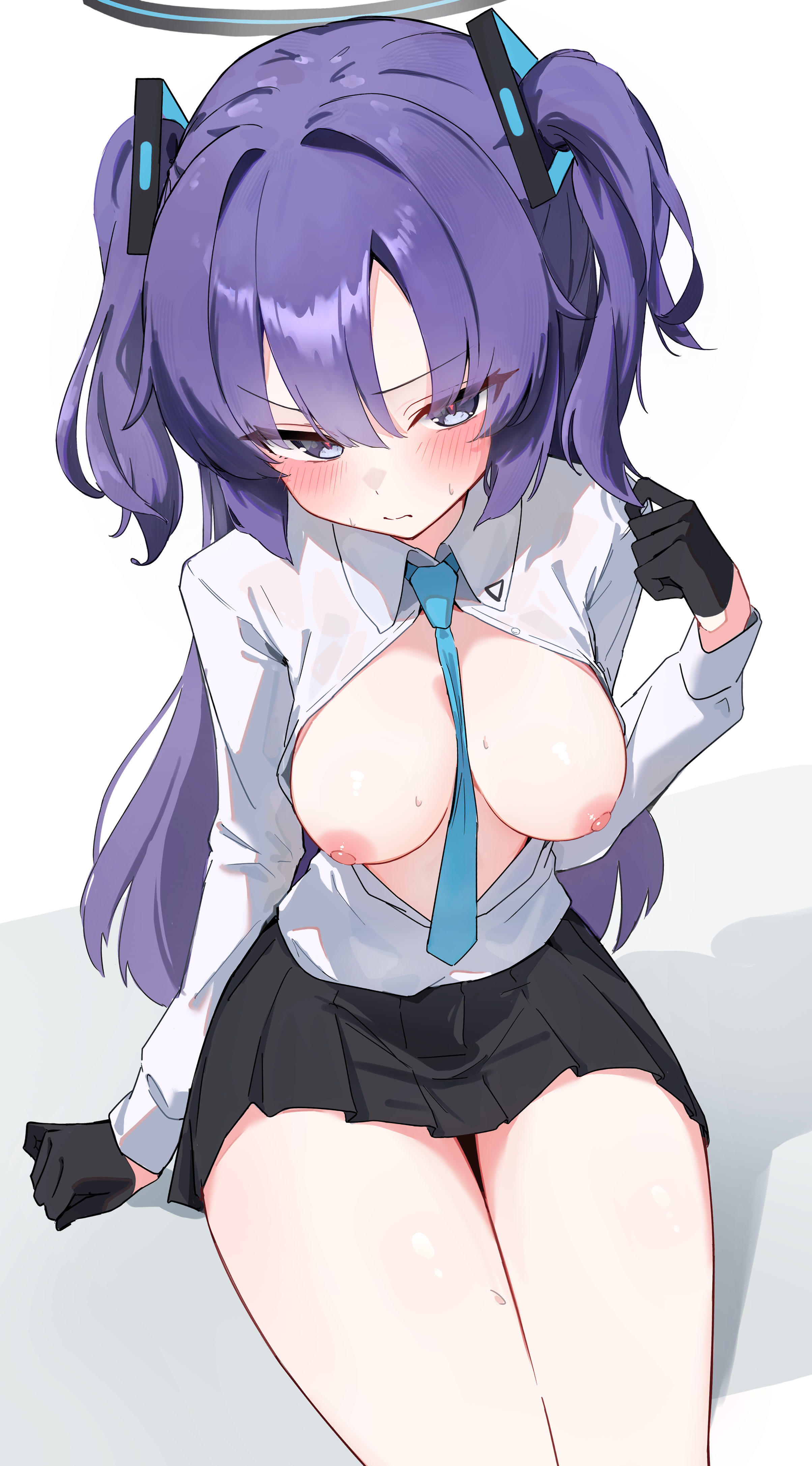 urashima jiro, yuuka (blue archive), blue archive, absurdres, commentary request, highres, 1girl, between breasts, black gloves, black halo, black skirt, blue necktie, blush, breasts, breasts out, closed mouth, collared shirt, gloves, hair between eyes, hair intakes, hair ornament, halo, long hair, long sleeves, looking at viewer, medium breasts, miniskirt, necktie, necktie between breasts, nipples, no bra, pleated skirt, shirt, simple background, sitting, skirt, solo, sweat, thighs, triangle hair ornament, two side up, v-shaped eyebrows, white background, white shirt