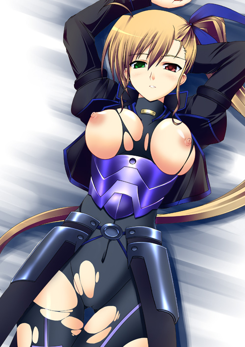 kuronezumi, vivio, lyrical nanoha, mahou shoujo lyrical nanoha, mahou shoujo lyrical nanoha strikers, 00s, aged up, armor, arms up, bed, blonde hair, blush, breasts, cameltoe, heterochromia, huge breasts, long hair, lying, nipples, ponytail, torn clothes
