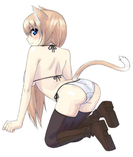 lesskiss, original, bad id, bad pixiv id, 1girl, all fours, animal ears, ass, bare shoulders, bent over, blonde hair, blue eyes, blush, boots, bra, brown hair, female focus, full body, kneeling, lingerie, long hair, panties, side-tie panties, simple background, smile, solo, tail, thighhighs, underwear, underwear only