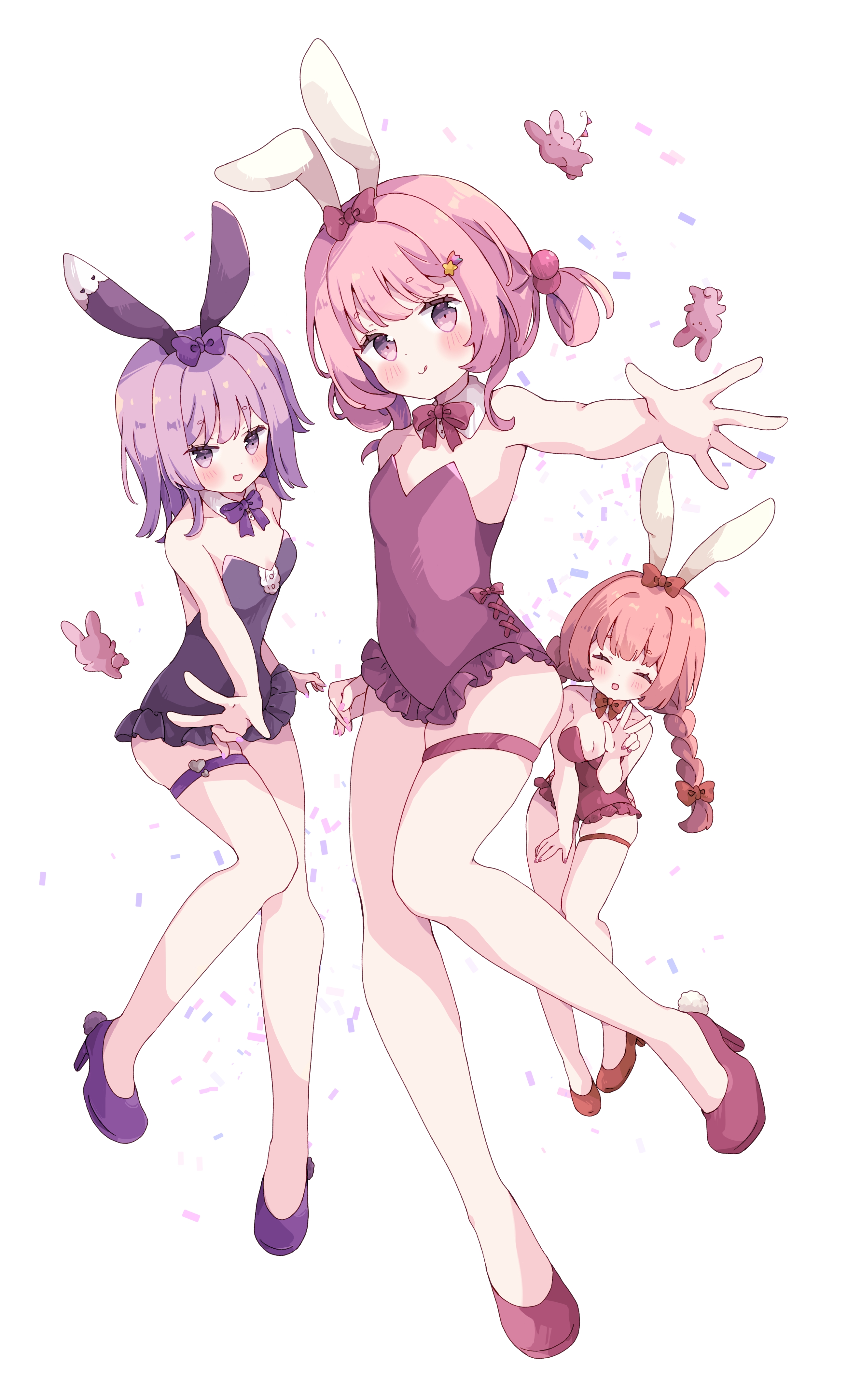 tsukiyo (skymint), original, absurdres, commentary, highres, 3girls, :d, :q, animal ears, bare arms, bare shoulders, blush, bow, bowtie, braid, closed mouth, collarbone, covered navel, detached collar, full body, hair bow, high heels, leotard, long hair, looking at viewer, multiple girls, one side up, open mouth, outstretched arm, pink bow, pink bowtie, pink eyes, pink hair, pink leotard, pink shoes, purple bow, purple bowtie, purple eyes, purple hair, purple leotard, purple shoes, rabbit ears, red bow, red bowtie, red hair, red leotard, red shoes, shoes, short hair, simple background, smile, strapless, strapless leotard, thigh strap, tongue, tongue out, twin braids, white background