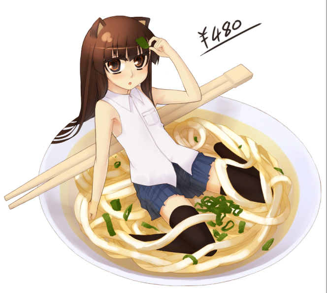 lesskiss, original, bad id, bad pixiv id, 1girl, animal ears, brown eyes, brown hair, chopsticks, cup, female focus, food, in container, in cup, in food, long hair, mini person, minigirl, noodles, on plate, plate, skirt, solo, thighhighs, udon