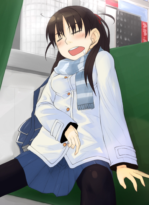 lesskiss, vehicle, bad id, bad pixiv id, 1girl, blush, brown hair, bus, bus interior, closed eyes, female focus, indoors, long hair, motor vehicle, pantyhose, saliva, scarf, sitting, sleeping, solo, spread legs