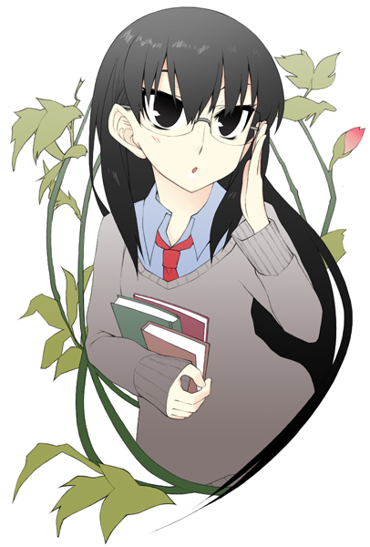 lesskiss, original, bad id, bad pixiv id, adjusting eyewear, black eyes, black hair, book, glasses, long hair, solo