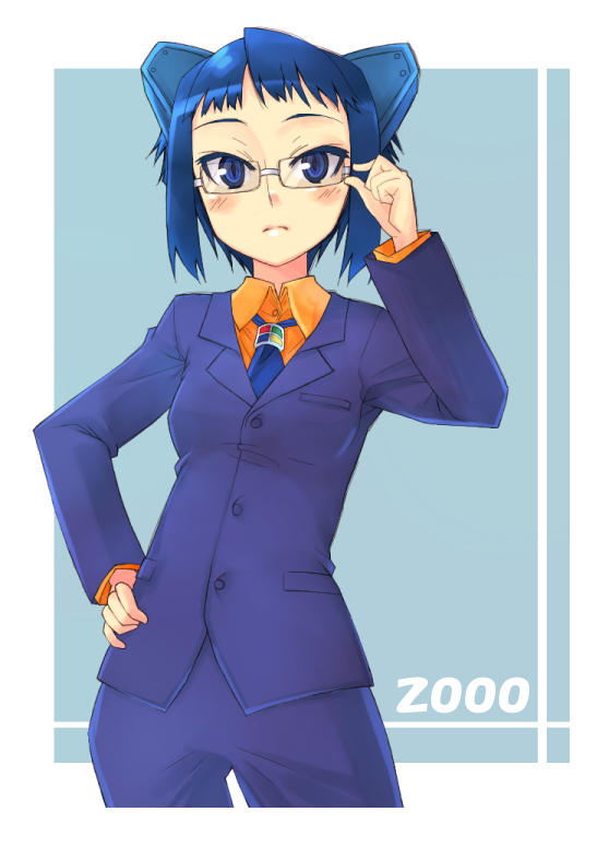 lesskiss, 2k-tan, os-tan, bad id, bad pixiv id, adjusting eyewear, blue eyes, blue hair, formal clothes, glasses, short hair, solo, suit