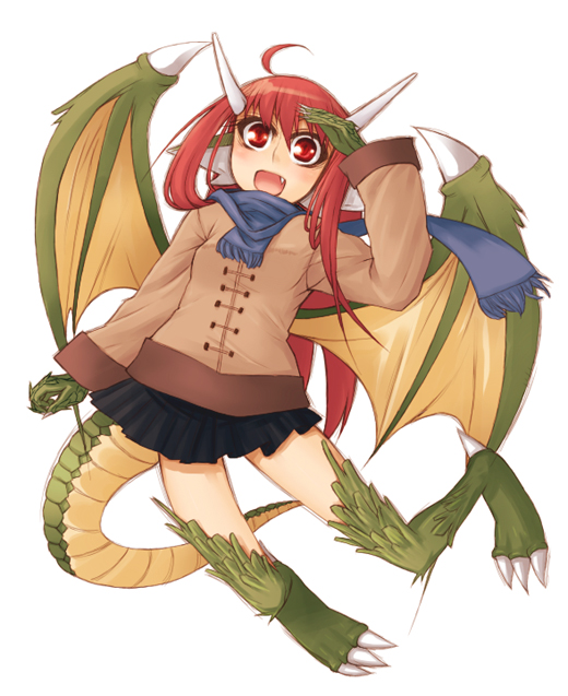 lesskiss, bad id, bad pixiv id, 1girl, :d, ahoge, animal ears, blue scarf, dragon ears, dragon girl, dragon tail, dragon wings, fang, female focus, full body, horns, long hair, monster girl, open mouth, red eyes, red hair, scarf, simple background, smile, solo, tail, white background, wings