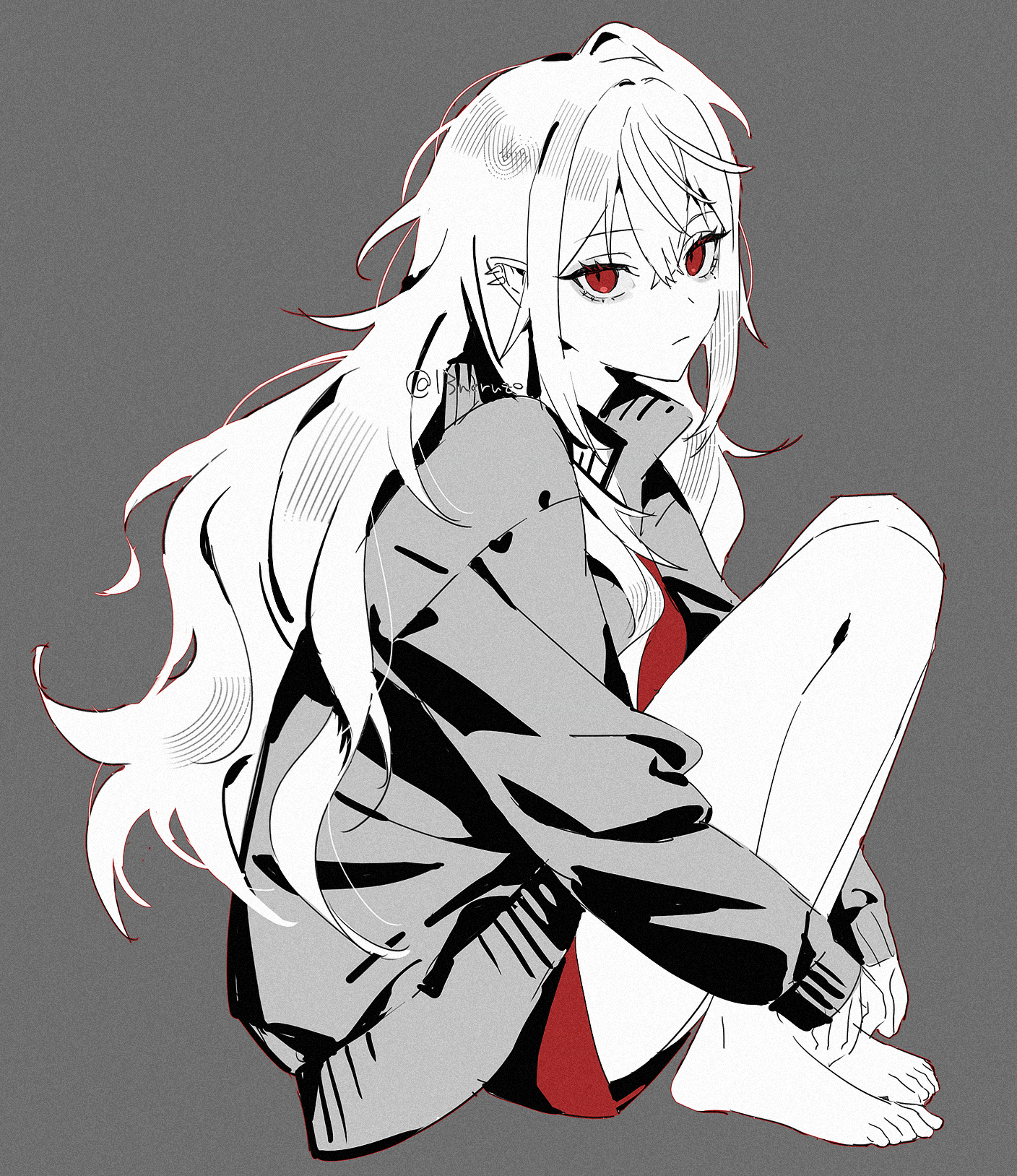 ichi san neruzo, sanya (kuzuha), nijisanji, highres, 1girl, bags under eyes, barefoot, cardigan, closed mouth, ear piercing, expressionless, full body, genderswap, genderswap (mtf), grey background, looking at viewer, piercing, pointy ears, red eyes, red shorts, shorts, simple background, sitting, solo, spot color, twitter username, virtual youtuber