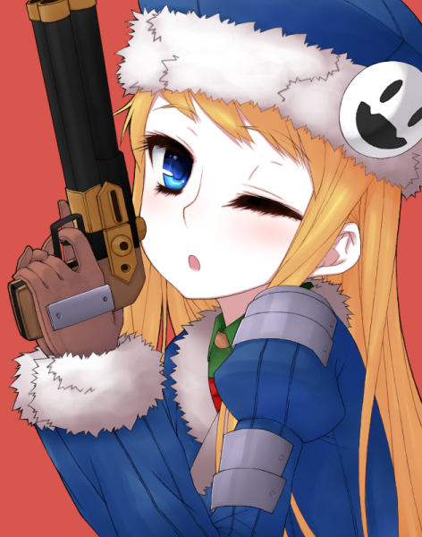 lesskiss, gunner (sekaiju), gunner 2 (sekaiju), jack frost (megami tensei), atlus, etrian odyssey, bad id, bad pixiv id, 1girl, blonde hair, blue eyes, female focus, gloves, gun, handgun, hat, long hair, one eye closed, pale skin, pistol, solo, weapon, wink