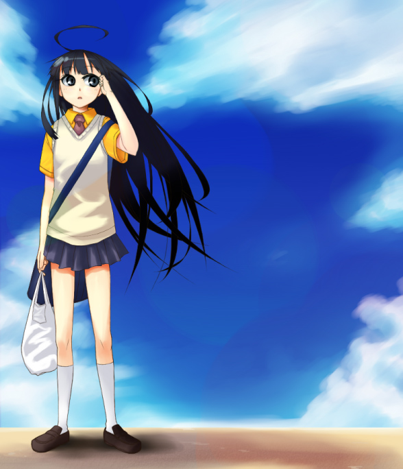 lesskiss, bad id, bad pixiv id, bag, black eyes, black hair, day, long hair, school uniform, serafuku, sky, solo, sweater vest, vest