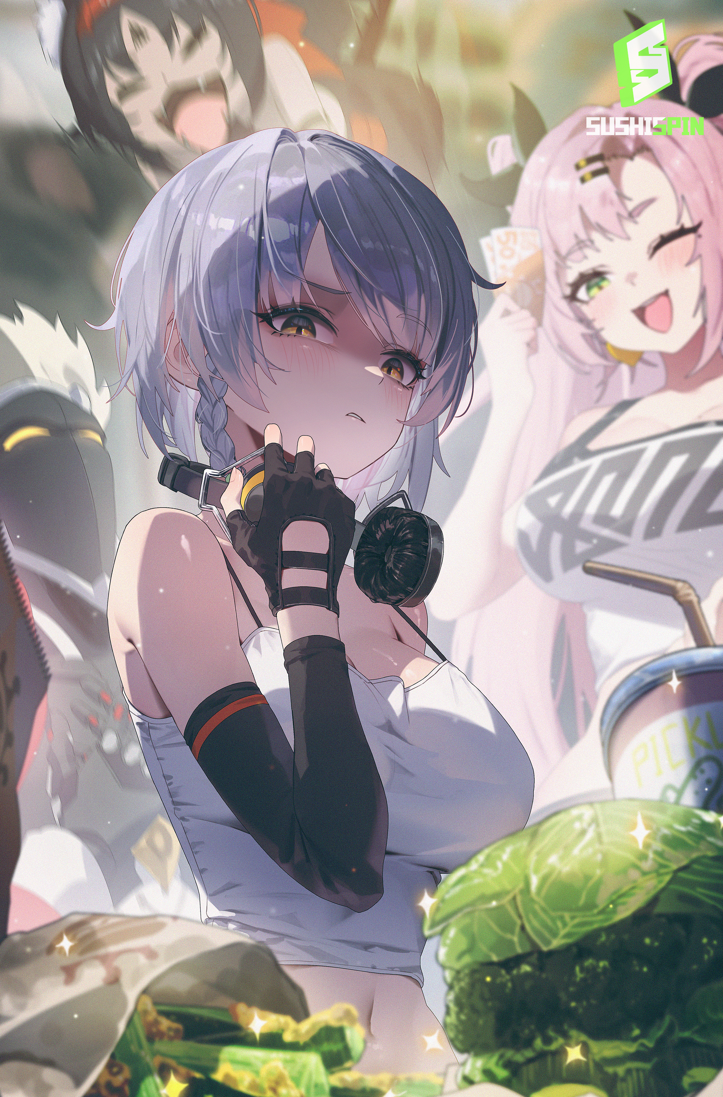 sushispin, anby demara, billy kid, nekomiya mana, nicole demara, zenless zone zero, absurdres, highres, 1boy, 3girls, black gloves, black sleeves, breasts, cabbage, camisole, detached sleeves, disgust, food, gloves, green eyes, grey hair, headphones, headphones around neck, humanoid robot, large breasts, looking at viewer, midriff, motion lines, multiple girls, robot, shaded face, solo focus, sparkle, tempura, white camisole
