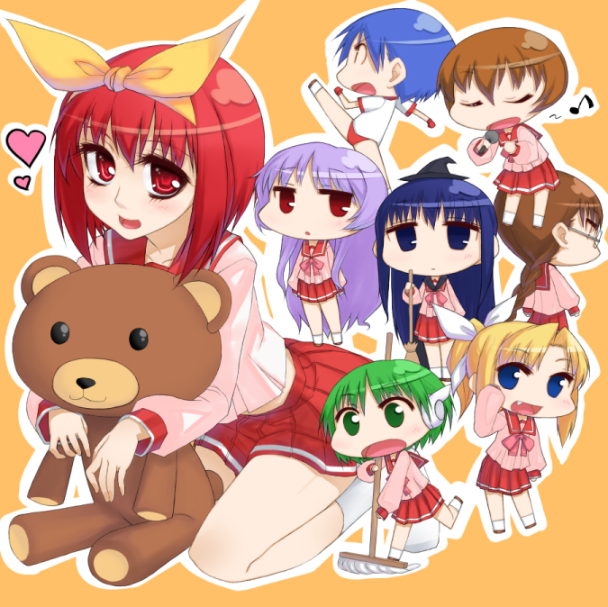 lesskiss, himekawa kotone, hoshina tomoko, kamigishi akari, kurusugawa serika, matsubara aoi, miyauchi lemmy, multi (to heart), nagaoka shiho, to heart, to heart (series), white legwear, bad id, bad pixiv id, 6+girls, blonde hair, blue eyes, blue hair, blush, bow, braid, broom, brown hair, chibi, closed eyes, collarbone, fang, from behind, full body, glasses, gloves, green eyes, green hair, hair ribbon, hat, heart, holding, jitome, leg up, long hair, long sleeves, looking at viewer, microphone, mop, multiple girls, music, musical note, open mouth, outline, pleated skirt, ponytail, profile, purple hair, quaver, red eyes, red gloves, red hair, ribbon, robot ears, school uniform, serafuku, shirt, short hair, short ponytail, singing, single braid, sitting, skirt, sleeves past wrists, standing, stuffed animal, stuffed toy, teddy bear, very long hair, witch hat, yellow bow